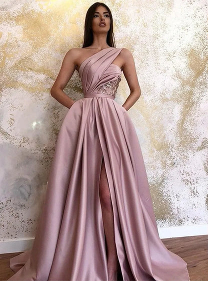 Hot sale Pink sexy high slit slanted shoulder floor-length evening dress