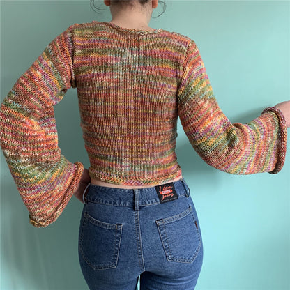 Dourbesty Rainbow Curled Sweater Women Fashion Flared Long Sleeve Loose Knitted Pullovers Fairy Harajuku Vintage Clothes Autumn