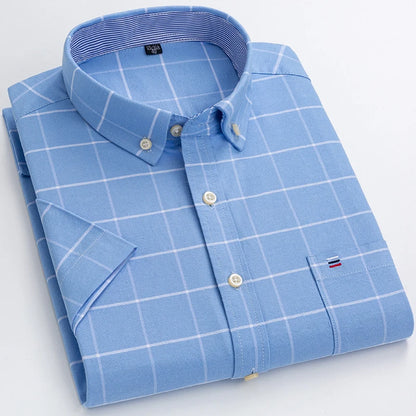 Plus Size Men's Summer Shirts Oxford Vertical Stripes Short Sleeve Standard-fit Loose Plaid Solid Soft Cotton Man Shirt