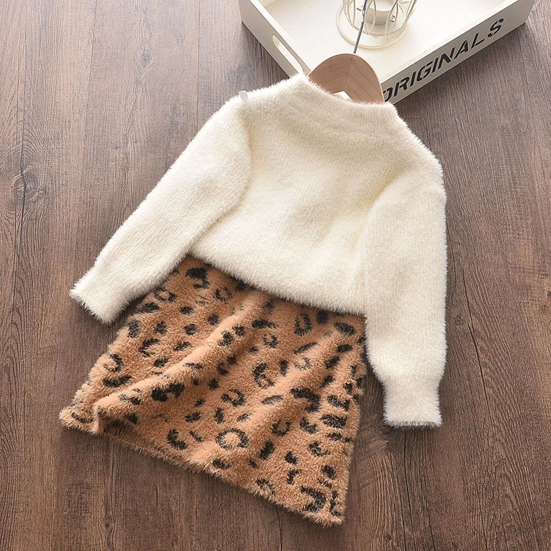 Menoea Children Autumn Leopard Clothes Kids Winter Sweater Dress Woollen Long Sleeve Cat Design Girls Clothing Knit Bow Dresses