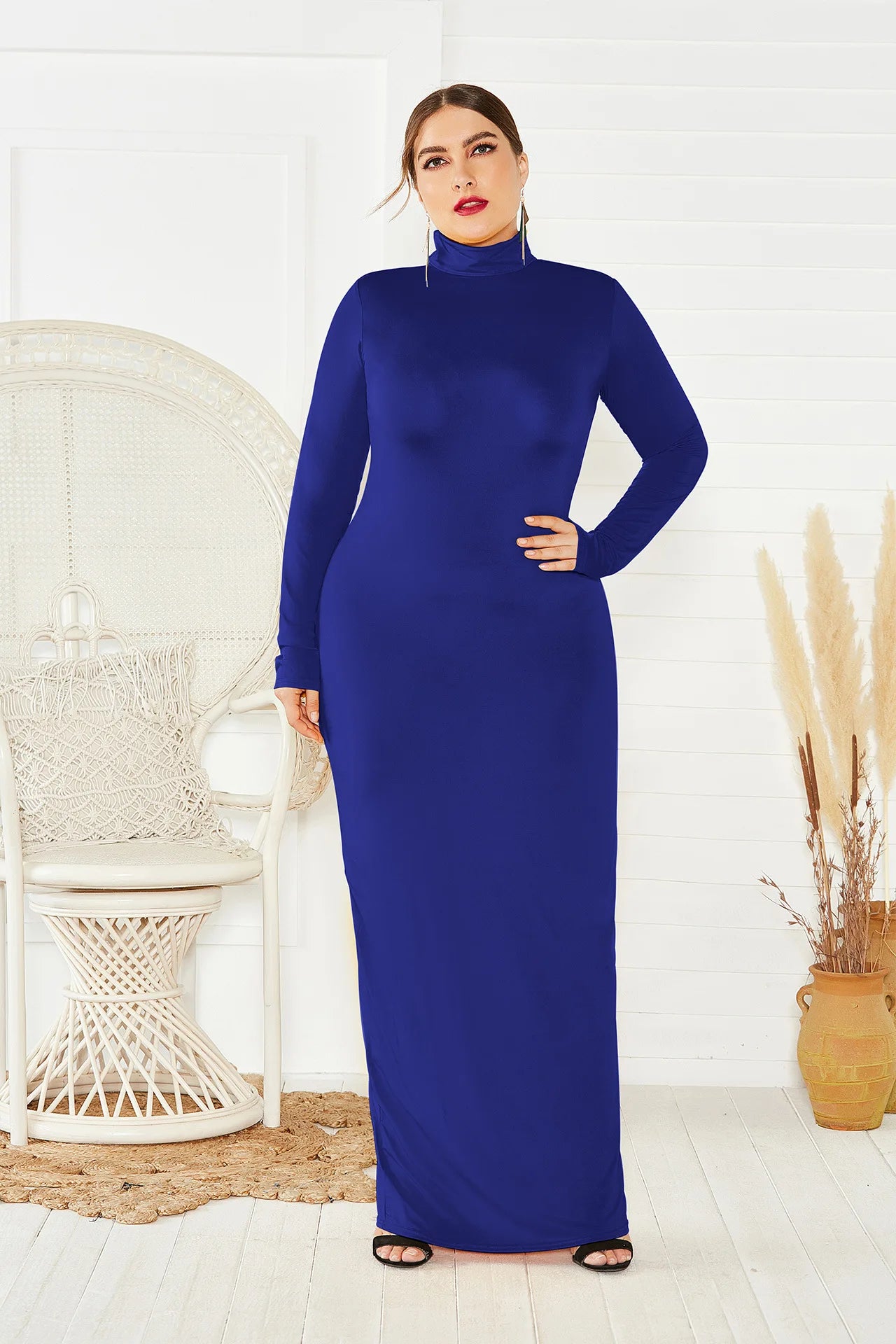 Spring Autumn Women Solid Casual Slim Bodycon Package Hip Maxi Dress Long Sleeve Turtleneck Stretchy Long Dresses Plus Size Robe