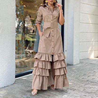 Women Party Maxi Dress 2023 VONDA Spring Holiday Dress Casual Vintage Long Sleeve Lapel Button Down Ruffled Vestidos Robe Femme