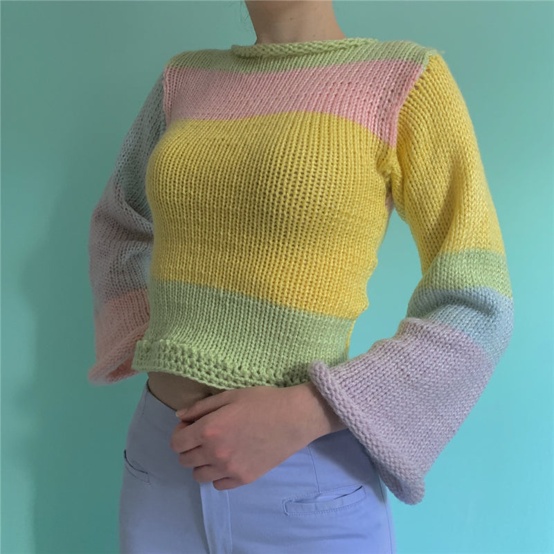 Dourbesty Rainbow Curled Sweater Women Fashion Flared Long Sleeve Loose Knitted Pullovers Fairy Harajuku Vintage Clothes Autumn