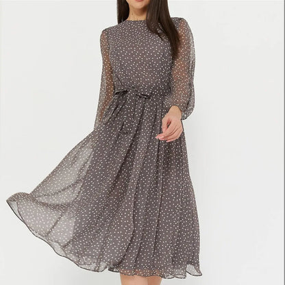 Dresses for Women 2022 Spring and Autumn Women's Long Sleeve Round Neck Belt Chiffon Print Sexy Lace Polka Dot Dress TL50 Brown