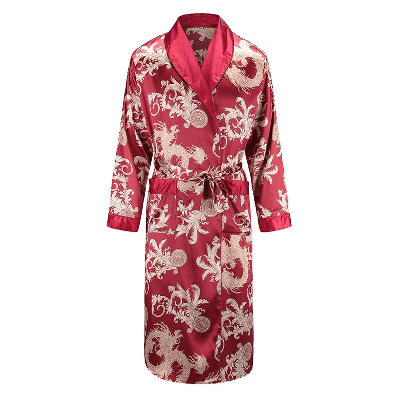 Men Robe Nightgown Long Sleeves Kimono Bathrobe Gown Silky Satin Dragon Print Pajamas Sleepwear Nightwear Gown Casual Home robe 2