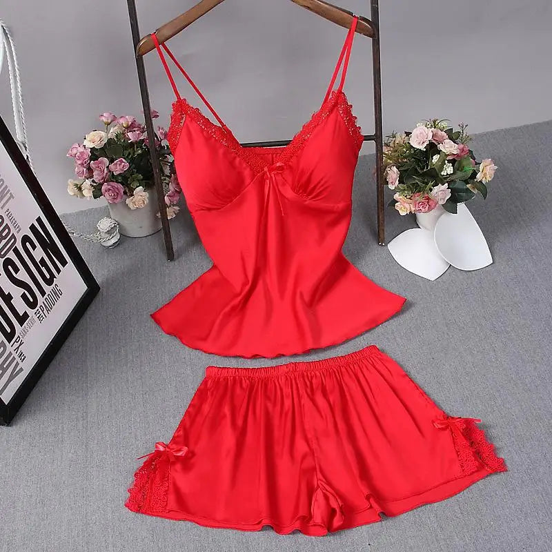 Sexy Summer Womens 2PC Robe Bath Gown Strap Top Pants Pajamas Sets Sleepwear Lady Home Wear Nightgown Suit Sleepshirts M-XXL Red