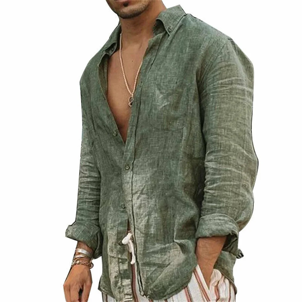 New Casual Cotton Linen Shirts Standing Collar Male Solid Color Long Sleeves Casual Cotton Linen Shirt Tops Summer Chemise Homme