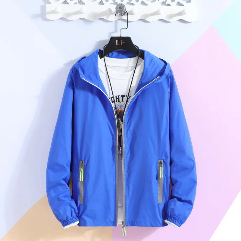 New Women's Thin Coat Summer Sun Protection Clothing Reflective Zipper Hooded Casual Jacket Family Lovers Clothing Plus Size 7XL Deep Blue