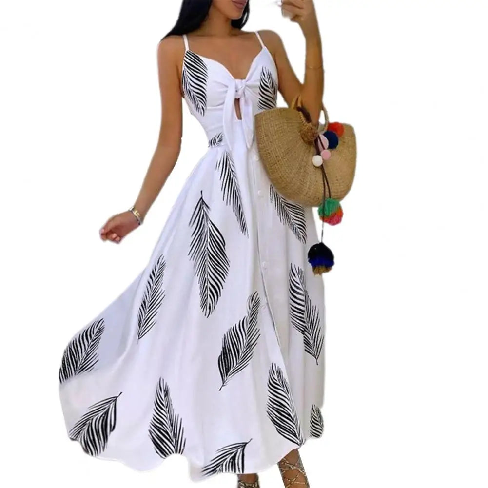 Women's Sling Long Dresses Summer Floral V-Neck Sleeveless Party Dress Beach Print Maxi Dress Casual Sundress New Fashion