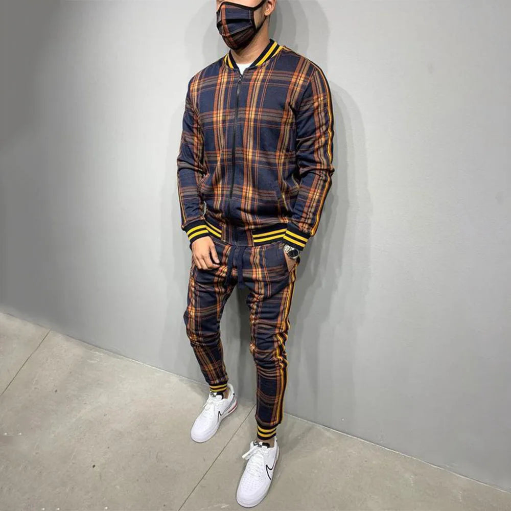 Mens Tracksuits Colorful Plaid Casual Zipper Hoodie Set 3D Print Set New Autumn Male Sweatshirt Clothes For Men brownish black03 CHINA