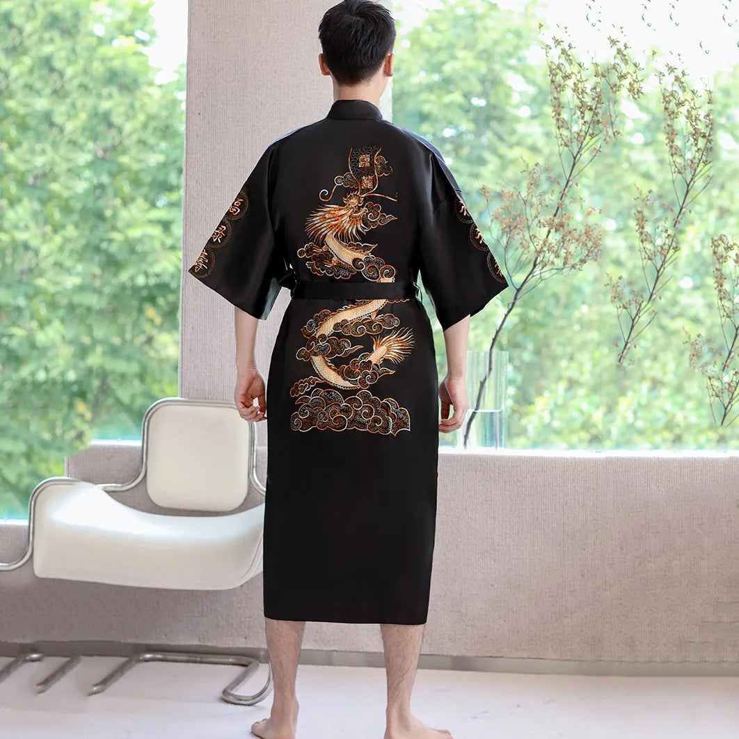 Navy Blue Embroidery Dragon Robe Nightgown Men Kimono Bathrobe Gown Satin Silk Sleepwear Nightwear Loose Casual Home Clothes