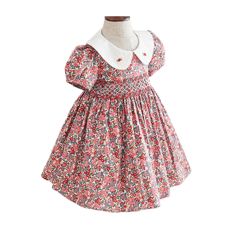 Kids Little Girls Handmade Smocked Floral Flower Print Dresses 2024 Spring Summer Toddler Girl Princess Vintage Smock Dress Color 7