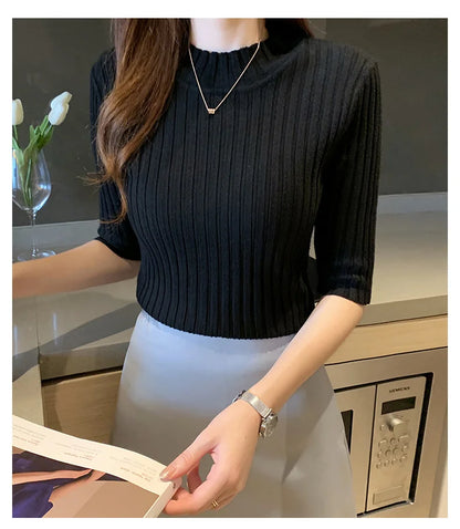 Casual Knitted Tee Shirt Elegant Short Sleeve Tops Fashion Basic Woman T-shirt Femme Elasticity Poleras De Mujer Camisetas 13466