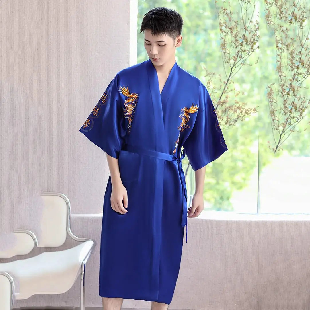 Navy Blue Embroidery Dragon Robe Nightgown Men Kimono Bathrobe Gown Satin Silk Sleepwear Nightwear Loose Casual Home Clothes Blue Robe