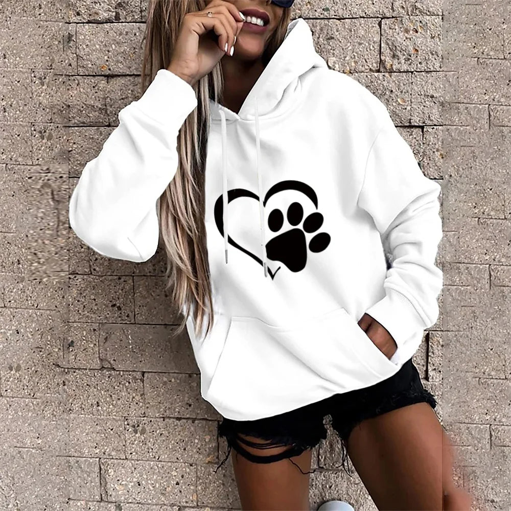 Women's Fashion Hoodie Loose Oversized Long Sleeve Sweatshirts Black Love Footprint Printed Clothing Ladies Harajuku Pullover