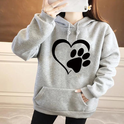 Women's Fashion Hoodie Loose Oversized Long Sleeve Sweatshirts Black Love Footprint Printed Clothing Ladies Harajuku Pullover