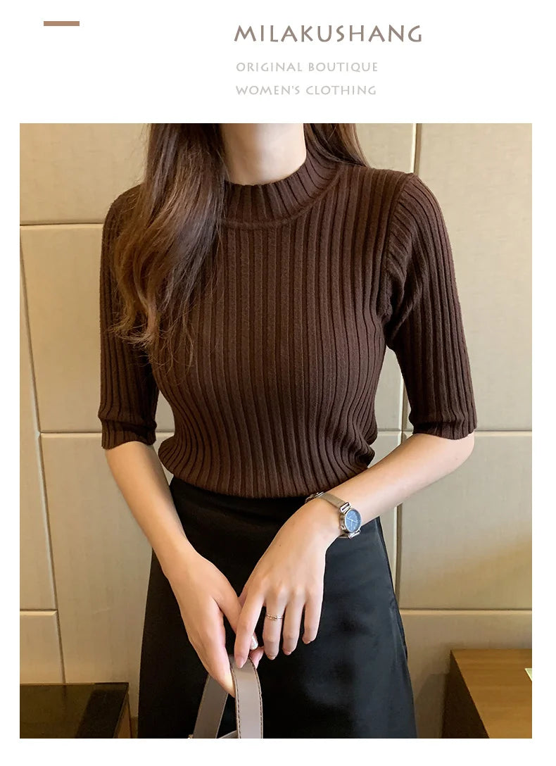 Casual Knitted Tee Shirt Elegant Short Sleeve Tops Fashion Basic Woman T-shirt Femme Elasticity Poleras De Mujer Camisetas 13466