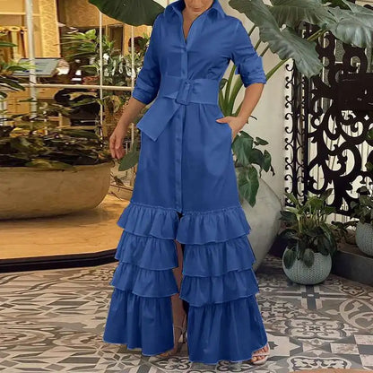 Women Party Maxi Dress 2023 VONDA Spring Holiday Dress Casual Vintage Long Sleeve Lapel Button Down Ruffled Vestidos Robe Femme