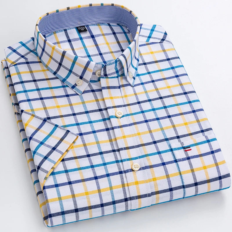 Plus Size Men's Summer Shirts Oxford Vertical Stripes Short Sleeve Standard-fit Loose Plaid Solid Soft Cotton Man Shirt D505