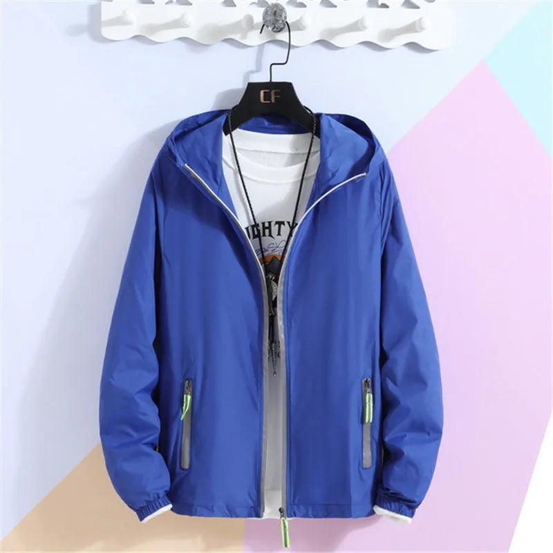 New Women's Thin Coat Summer Sun Protection Clothing Reflective Zipper Hooded Casual Jacket Family Lovers Clothing Plus Size 7XL