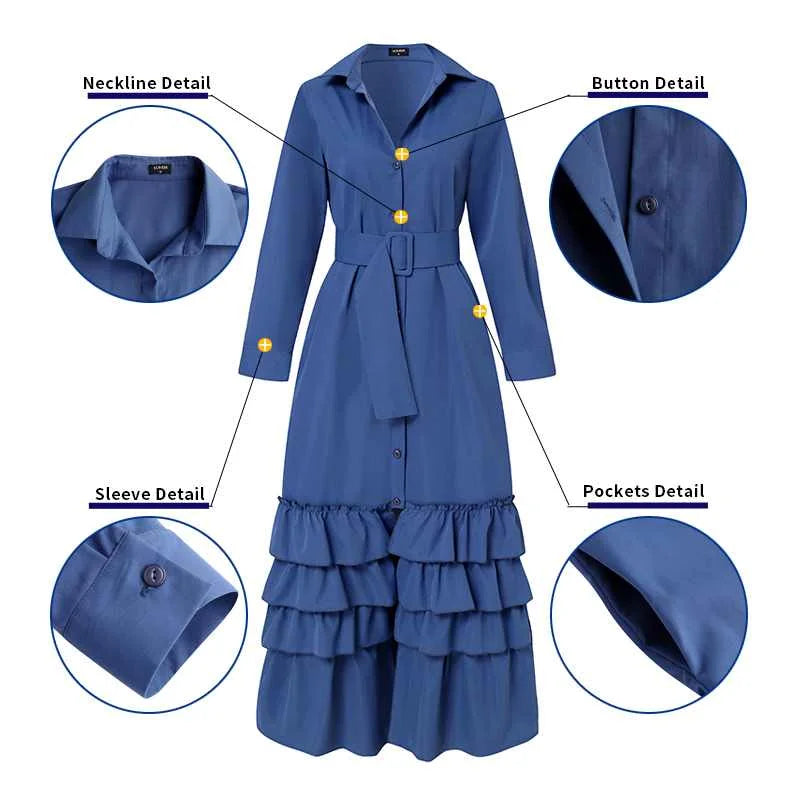 Women Party Maxi Dress 2023 VONDA Spring Holiday Dress Casual Vintage Long Sleeve Lapel Button Down Ruffled Vestidos Robe Femme