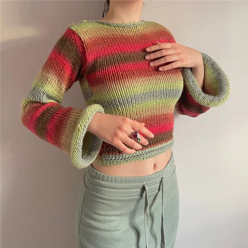 Dourbesty Rainbow Curled Sweater Women Fashion Flared Long Sleeve Loose Knitted Pullovers Fairy Harajuku Vintage Clothes Autumn