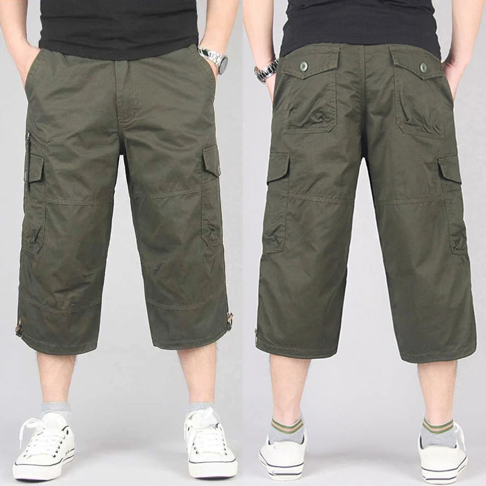 Summer Men's Casual Cotton Cargo Shorts Overalls Long Length Multi Pocket Hot breeches Military Pants Male Cropped Pants