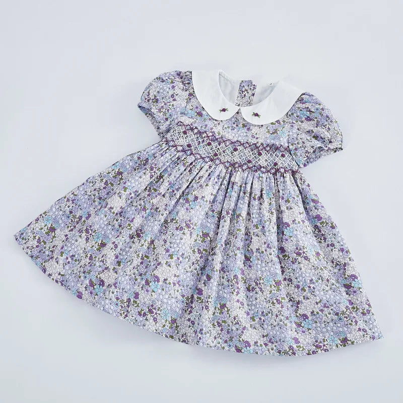 Kids Little Girls Handmade Smocked Floral Flower Print Dresses 2024 Spring Summer Toddler Girl Princess Vintage Smock Dress Color 4