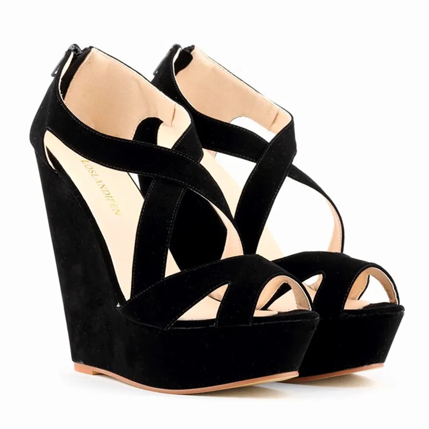 Summer Sexy Cross Cut-Outs Dress Sandals Solid Flock Women Peep Toe Wedges Sandal High Heels Platform Party Female Shoes Fashion