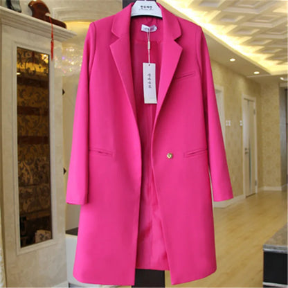 2023 Spring Autumn Blazers Coats Women Clothing Long Sleeve Suit Jackets Casual Tops Female Slim Blazers Long Windbreaker Coat rose red X719