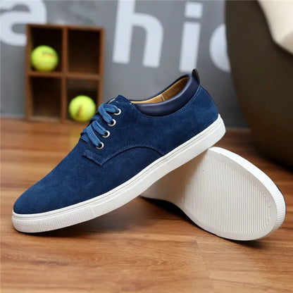 Cute New Fashion Suede Men Flats Shoes Canvas Shoes Male Leather Casual Breathable Shoes Lace-Up Flats For Students Large Size Blue