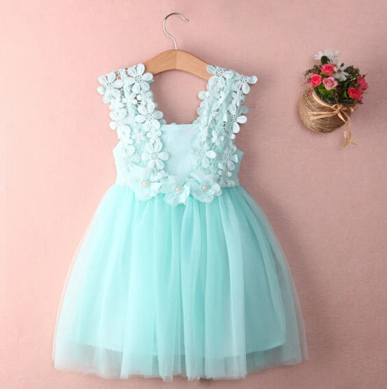 New XMAS Baby Girls Party Lace Tulle Flower Gown Fancy Dridesmaid Dress Sundress Girls Thanksgiving Dress Sky blue