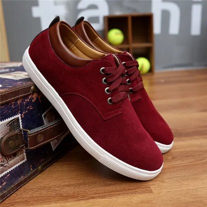 Cute New Fashion Suede Men Flats Shoes Canvas Shoes Male Leather Casual Breathable Shoes Lace-Up Flats For Students Large Size Wine Red