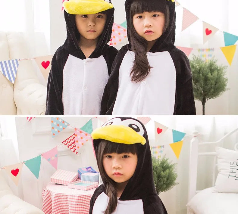 Unisex Adults Kids Black Penguin Costume Hooded Pajamas Onesies Family Clothes Party Cosplay Flannel Cartoon Animal Pyjamas