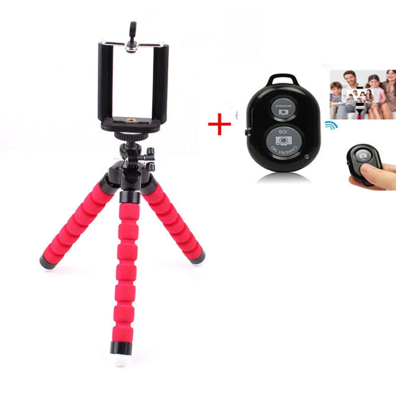 Phone Tripod Holder Flexible Sponge Octopus Tripod Stand Mount or Bluetooth Remote Shutter Selfie Stick Self-timer Bracket Red With Selfie