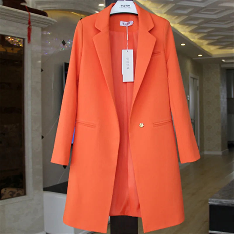 2023 Spring Autumn Blazers Coats Women Clothing Long Sleeve Suit Jackets Casual Tops Female Slim Blazers Long Windbreaker Coat orange X719