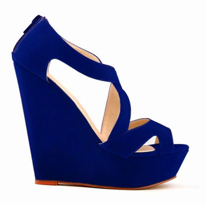 Summer Sexy Cross Cut-Outs Dress Sandals Solid Flock Women Peep Toe Wedges Sandal High Heels Platform Party Female Shoes Fashion Blue