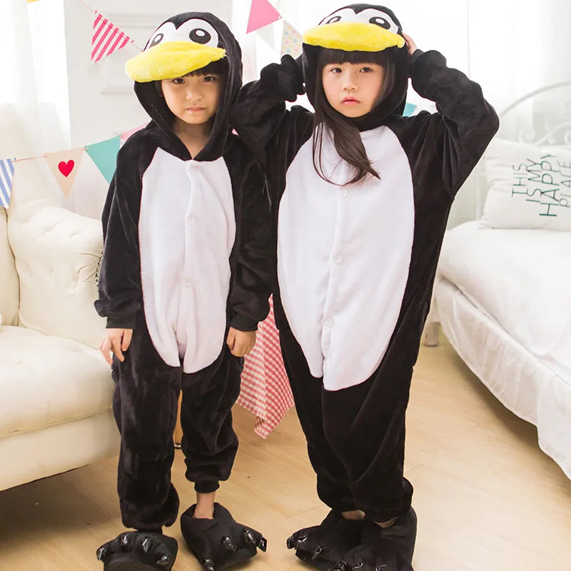 Unisex Adults Kids Black Penguin Costume Hooded Pajamas Onesies Family Clothes Party Cosplay Flannel Cartoon Animal Pyjamas