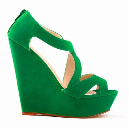 Summer Sexy Cross Cut-Outs Dress Sandals Solid Flock Women Peep Toe Wedges Sandal High Heels Platform Party Female Shoes Fashion Green