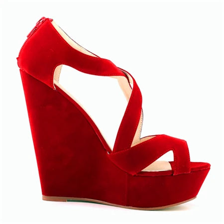 Summer Sexy Cross Cut-Outs Dress Sandals Solid Flock Women Peep Toe Wedges Sandal High Heels Platform Party Female Shoes Fashion Red