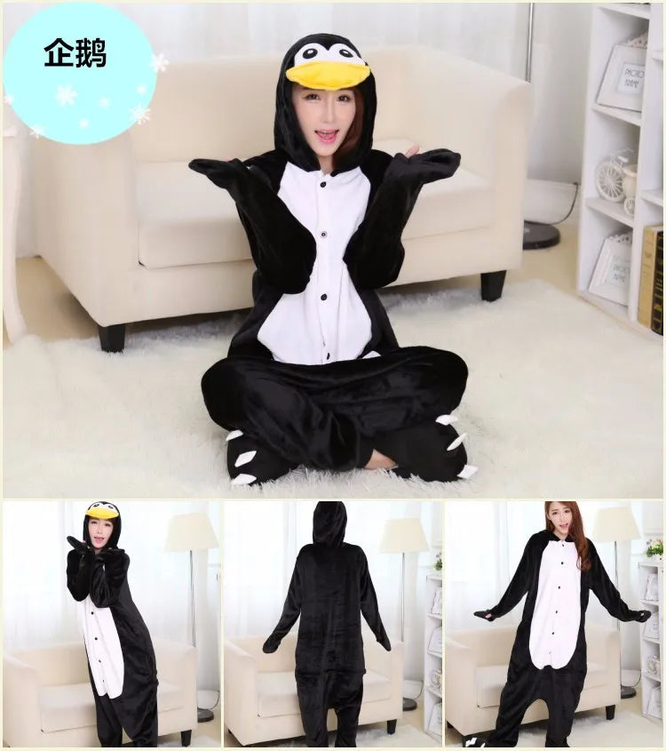 Unisex Adults Kids Black Penguin Costume Hooded Pajamas Onesies Family Clothes Party Cosplay Flannel Cartoon Animal Pyjamas