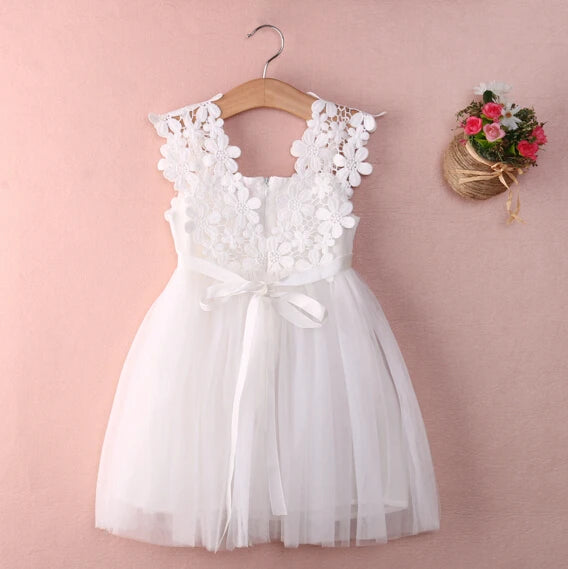 New XMAS Baby Girls Party Lace Tulle Flower Gown Fancy Dridesmaid Dress Sundress Girls Thanksgiving Dress WHITE