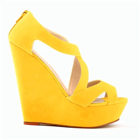 Summer Sexy Cross Cut-Outs Dress Sandals Solid Flock Women Peep Toe Wedges Sandal High Heels Platform Party Female Shoes Fashion Yellow