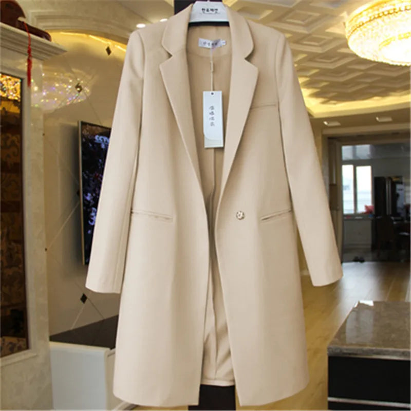 2023 Spring Autumn Blazers Coats Women Clothing Long Sleeve Suit Jackets Casual Tops Female Slim Blazers Long Windbreaker Coat beige X719