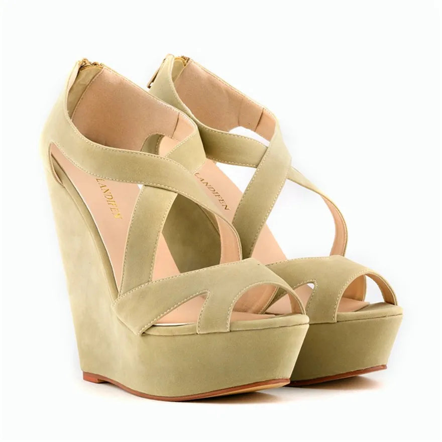 Summer Sexy Cross Cut-Outs Dress Sandals Solid Flock Women Peep Toe Wedges Sandal High Heels Platform Party Female Shoes Fashion