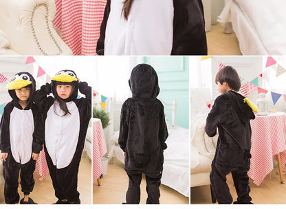 Unisex Adults Kids Black Penguin Costume Hooded Pajamas Onesies Family Clothes Party Cosplay Flannel Cartoon Animal Pyjamas