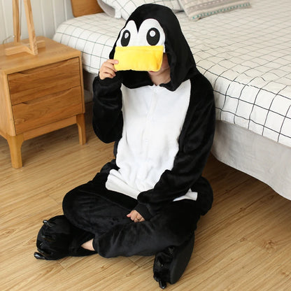 Unisex Adults Kids Black Penguin Costume Hooded Pajamas Onesies Family Clothes Party Cosplay Flannel Cartoon Animal Pyjamas