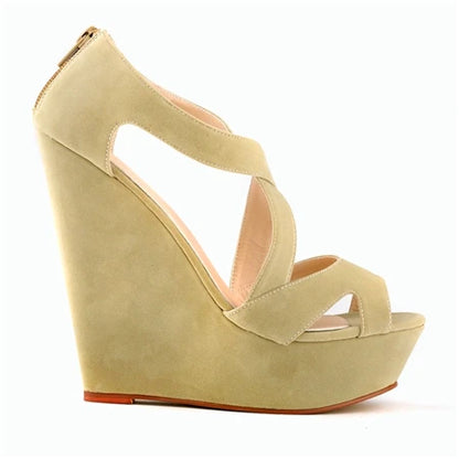 Summer Sexy Cross Cut-Outs Dress Sandals Solid Flock Women Peep Toe Wedges Sandal High Heels Platform Party Female Shoes Fashion Apricot