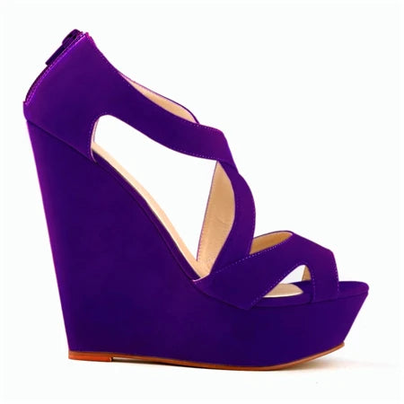 Summer Sexy Cross Cut-Outs Dress Sandals Solid Flock Women Peep Toe Wedges Sandal High Heels Platform Party Female Shoes Fashion PURPLE