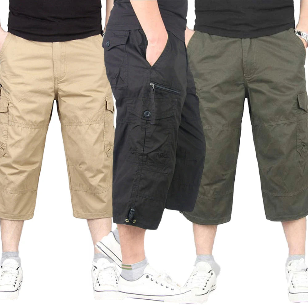 Summer Men's Casual Cotton Cargo Shorts Overalls Long Length Multi Pocket Hot breeches Military Pants Male Cropped Pants